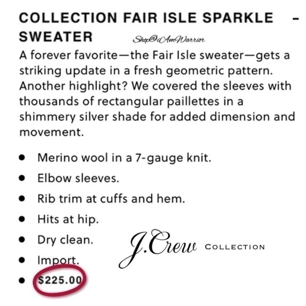 J.Crew Collection shimmer paillettes fair isle merino sweater *shop@iamwarrior